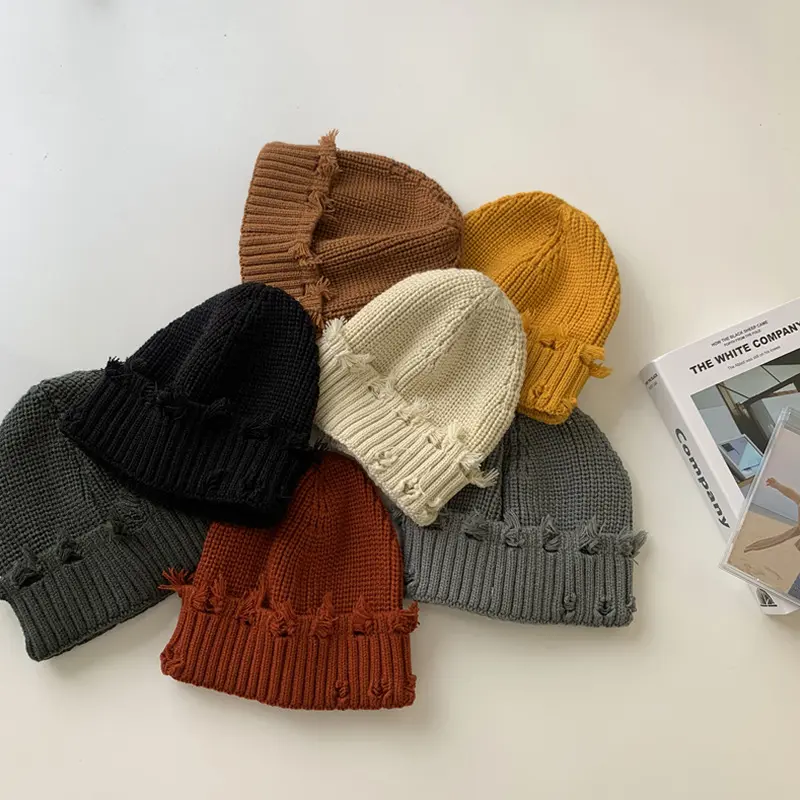 Punk Hip Hop Knitted Hat Women Winter Autumn Warm Beanie Cap Retro Holes Solid Color Skullies Men Harajuku Bonnet