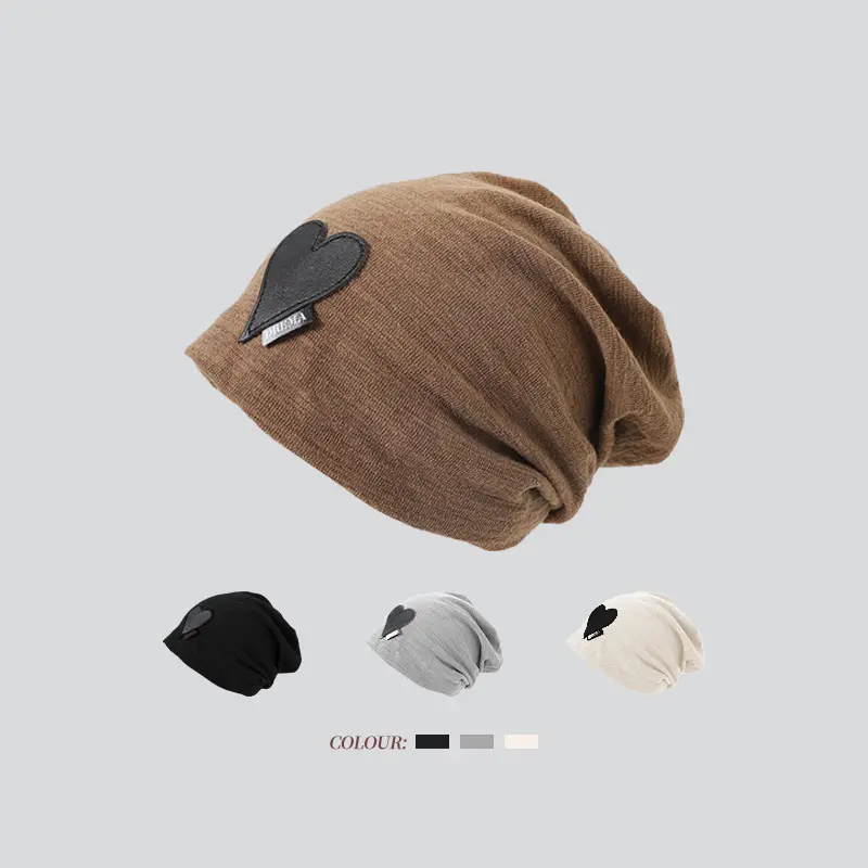 Autumn Cotton Beanie Cap for Women Solid Color Heart Slouchy Cap Korean Hip Hop Female Loose Hats Girls Skullcap