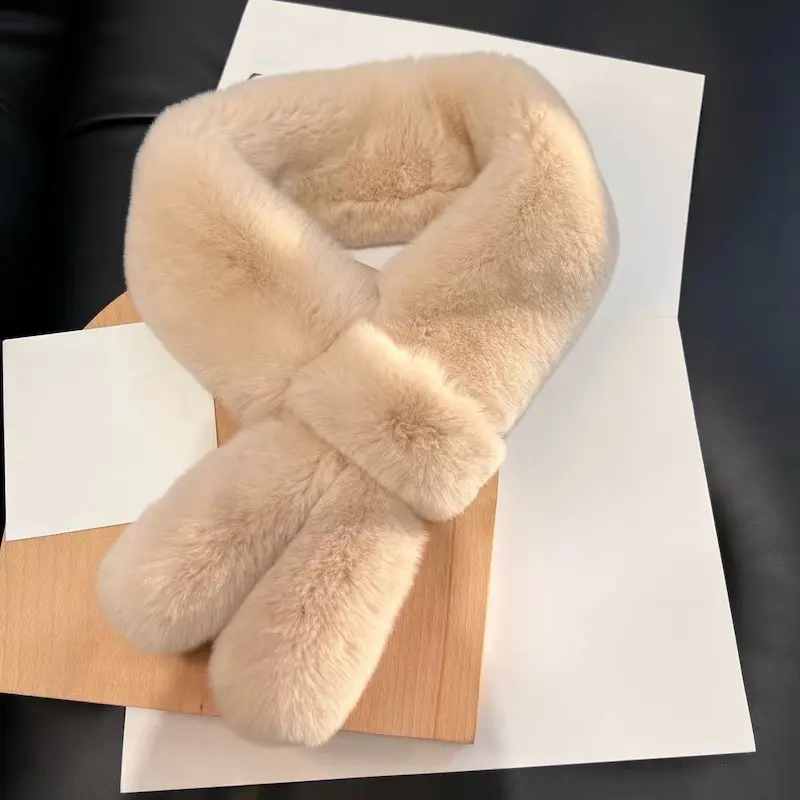 Winter Faux Rabbit Fur Scarf for Women Warm Plush Thick Cross Neck Collar Scarf Double-sided Fluffy Shawl Scarves