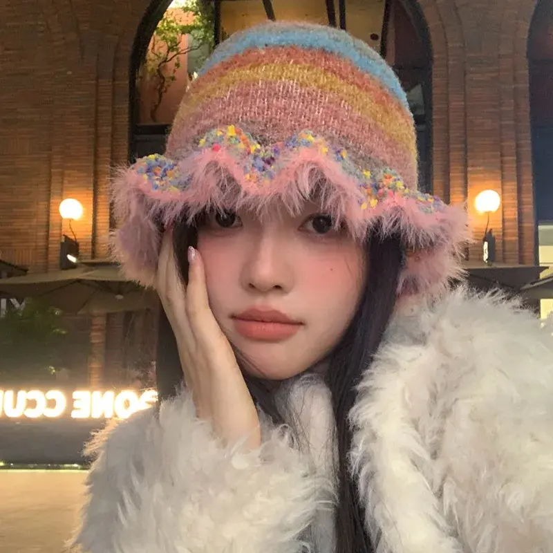 Rainbow Striped Knitted Hat for Women Winter Fluffy Fur Fisherman Cap Korean Y2K Girls Ruffle Warm Woolen Caps