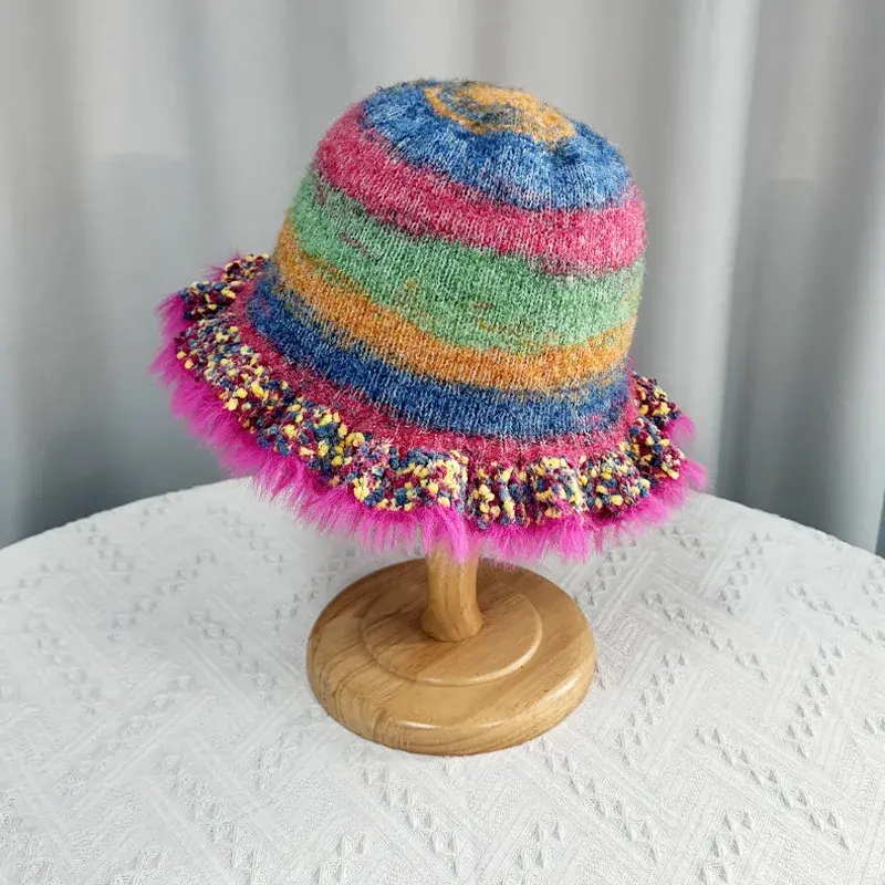 Rainbow Striped Knitted Hat for Women Winter Fluffy Fur Fisherman Cap Korean Y2K Girls Ruffle Warm Woolen Caps