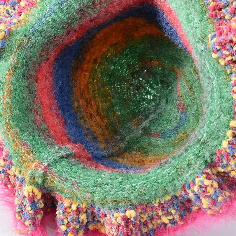 Rainbow Striped Knitted Hat for Women Winter Fluffy Fur Fisherman Cap Korean Y2K Girls Ruffle Warm Woolen Caps