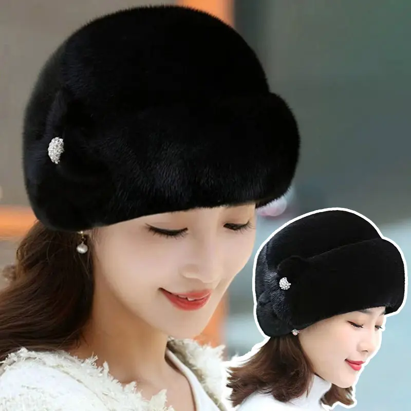 Winter Fluffy Fur Hat Russian Flower Solid Color Warm Plush Cap for Women Elegant Thick Imitation Mink Fur Middle-aged Caps