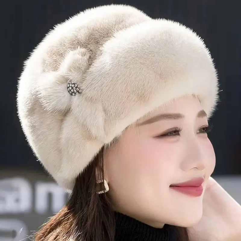 Winter Fluffy Fur Hat Russian Flower Solid Color Warm Plush Cap for Women Elegant Thick Imitation Mink Fur Middle-aged Caps