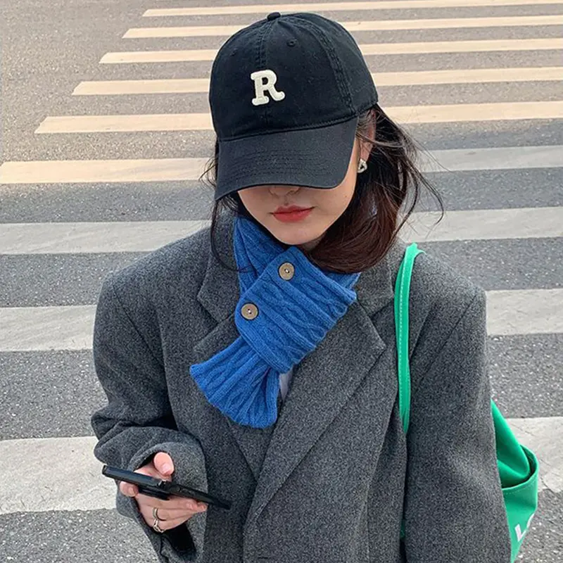 Korean Buttons Knitted Scarf for Women Winter Warm Woolen Scarves Solid Color Female Ladies Neckerchief Christmas Gifts