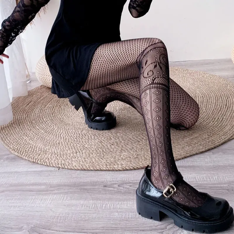 Sexy Black Woman Tights Ladies Gothic Mesh Nets Fishnet Pantyhose Hollow Vertical Striped Jacquard Thigh High Waist Stockings