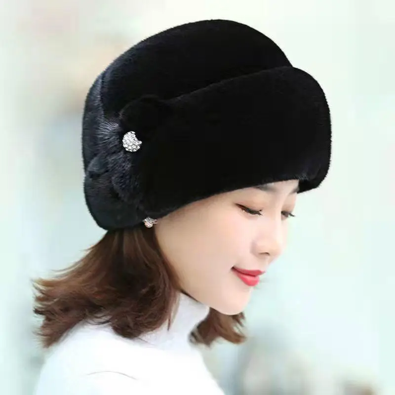 Winter Fluffy Fur Hat Russian Flower Solid Color Warm Plush Cap for Women Elegant Thick Imitation Mink Fur Middle-aged Caps