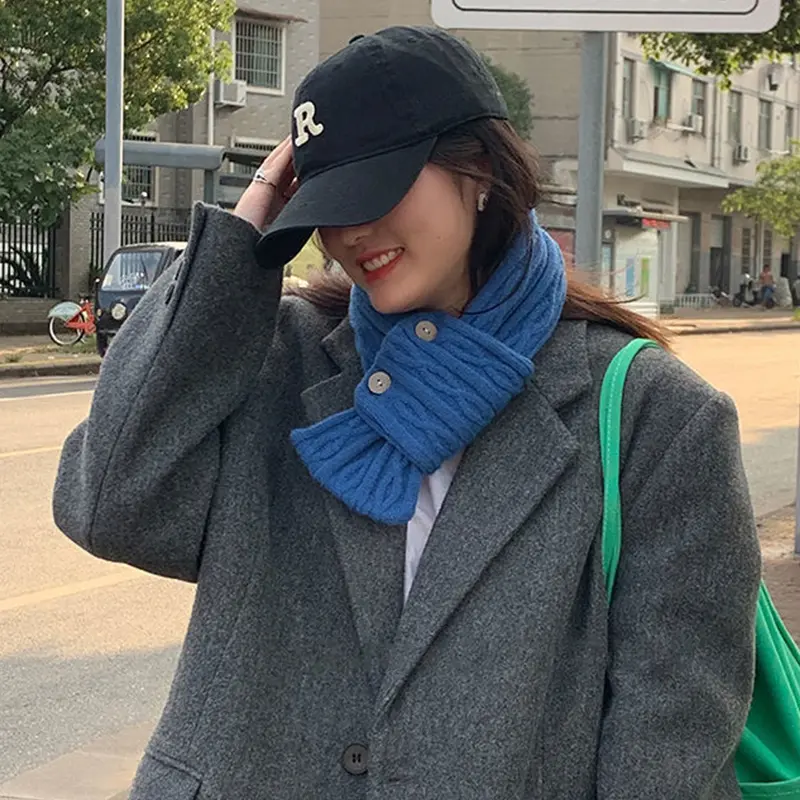 Korean Buttons Knitted Scarf for Women Winter Warm Woolen Scarves Solid Color Female Ladies Neckerchief Christmas Gifts