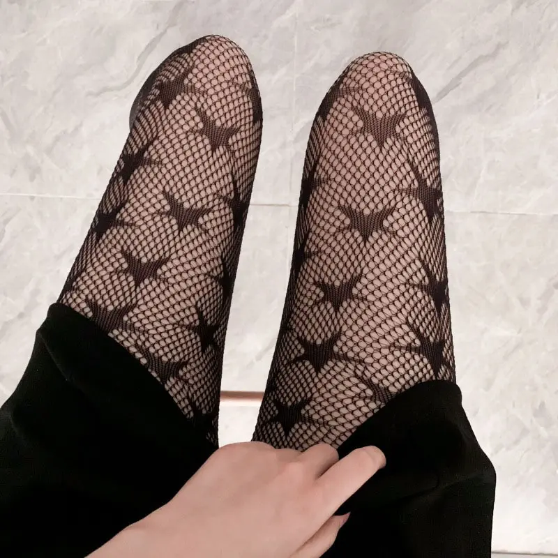 Sexy Black Woman Tights Ladies Gothic Mesh Nets Fishnet Pantyhose Hollow Vertical Striped Jacquard Thigh High Waist Stockings