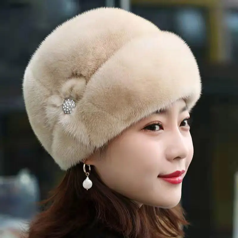 Winter Fluffy Fur Hat Russian Flower Solid Color Warm Plush Cap for Women Elegant Thick Imitation Mink Fur Middle-aged Caps