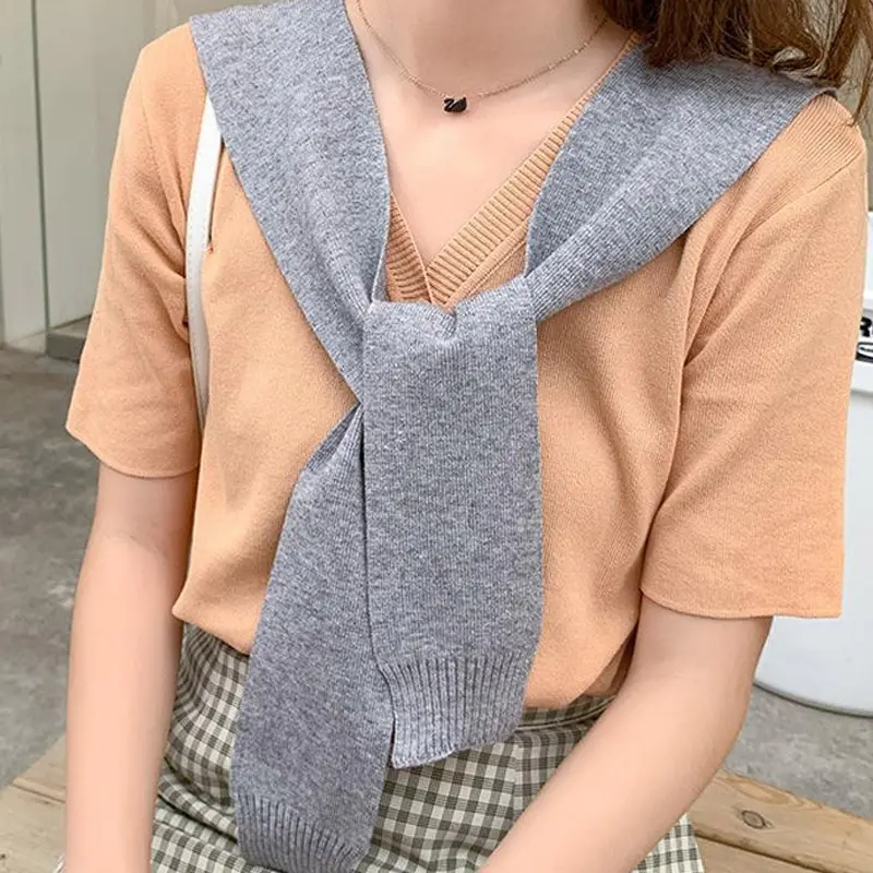 Warm Knitted Shawl for Women Winter Wool Solid Color Neck Guard Scarf Elegant Blouse Shoulders Fake Collar Cape Knotted Scarves