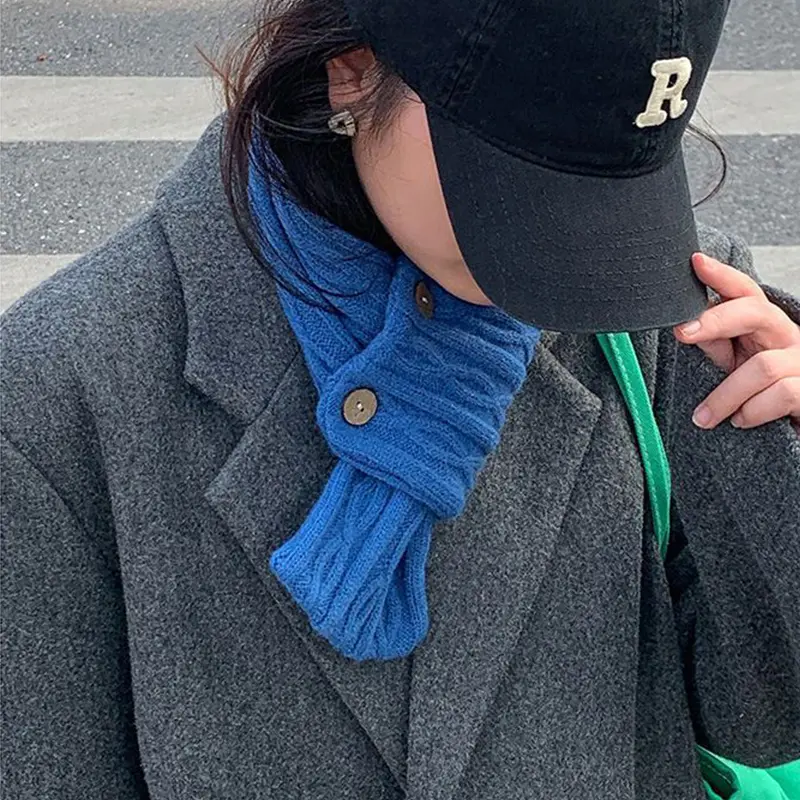 Korean Buttons Knitted Scarf for Women Winter Warm Woolen Scarves Solid Color Female Ladies Neckerchief Christmas Gifts