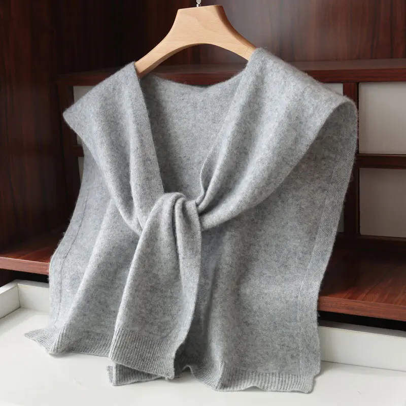 Warm Knitted Shawl for Women Winter Wool Solid Color Neck Guard Scarf Elegant Blouse Shoulders Fake Collar Cape Knotted Scarves