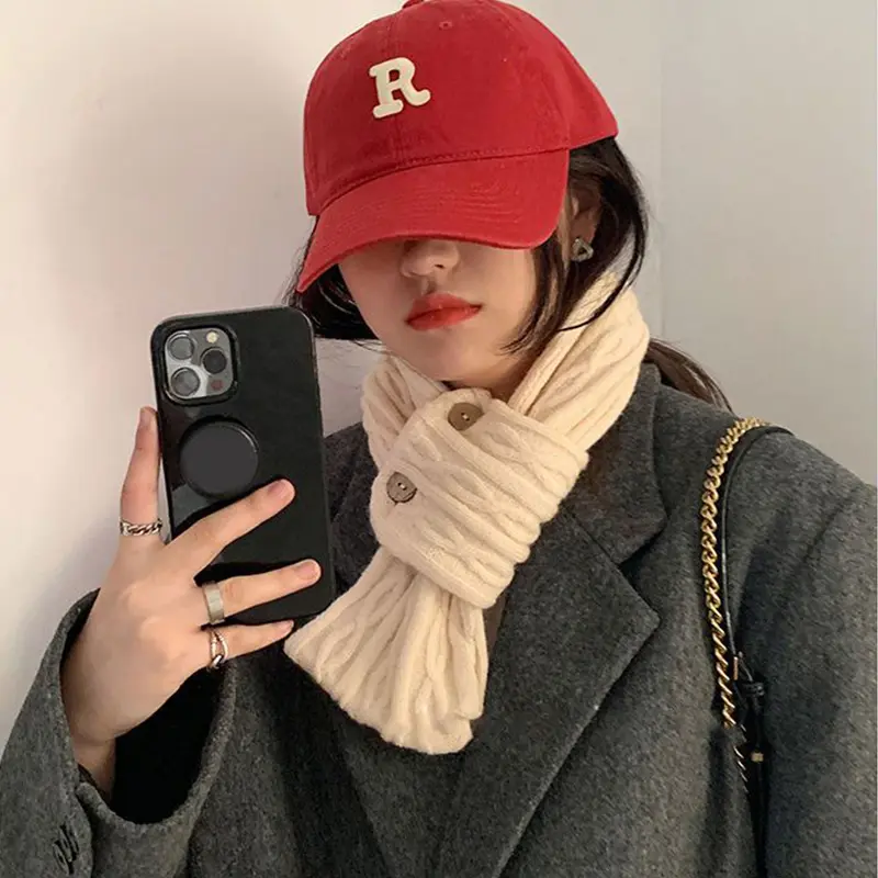 Korean Buttons Knitted Scarf for Women Winter Warm Woolen Scarves Solid Color Female Ladies Neckerchief Christmas Gifts