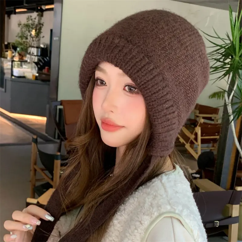 Korean Knitted Beanies Cap Women Winter Warm Balaclava Hat Outdoor Ski Cycling Ear Protection  Bonnet Female Bomber Caps