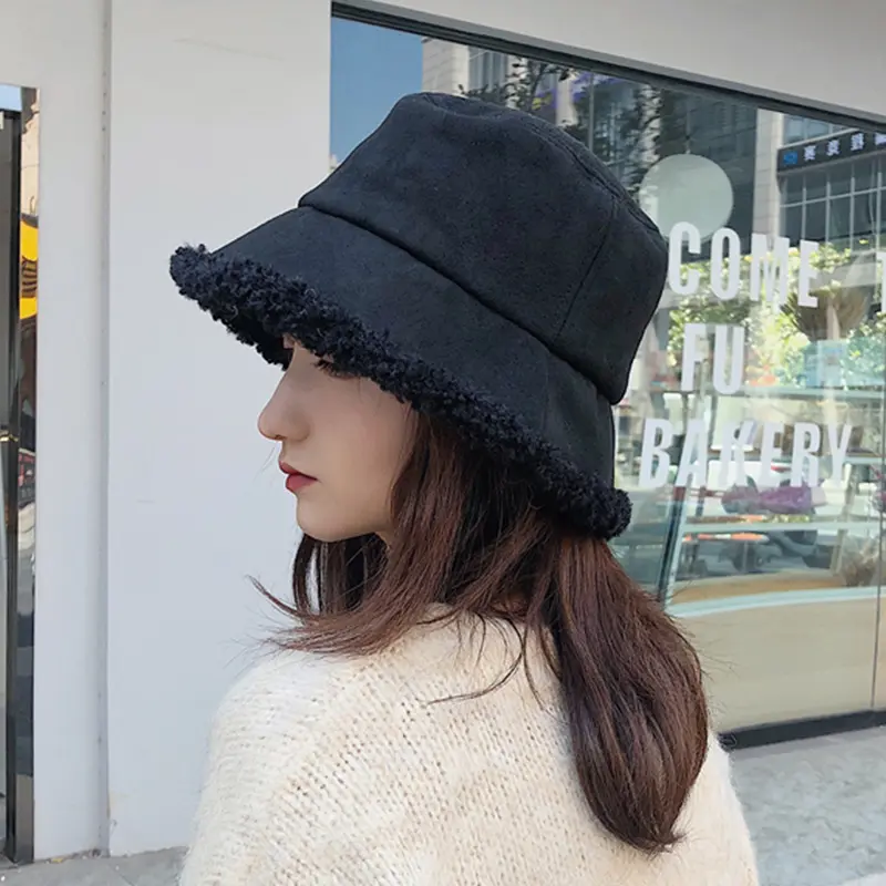 Korean Plush Bucket Hat for Women Winter Solid Color Girls Fisherman Cap Female Thicken Warm Lamb Wool Panama Caps