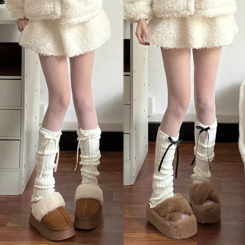 Japanese Lolita Leg Warmers for Women Harajuku Y2K Bow Knitted Socks Girls Kawaii Sweet JK Boots Cover Stockings