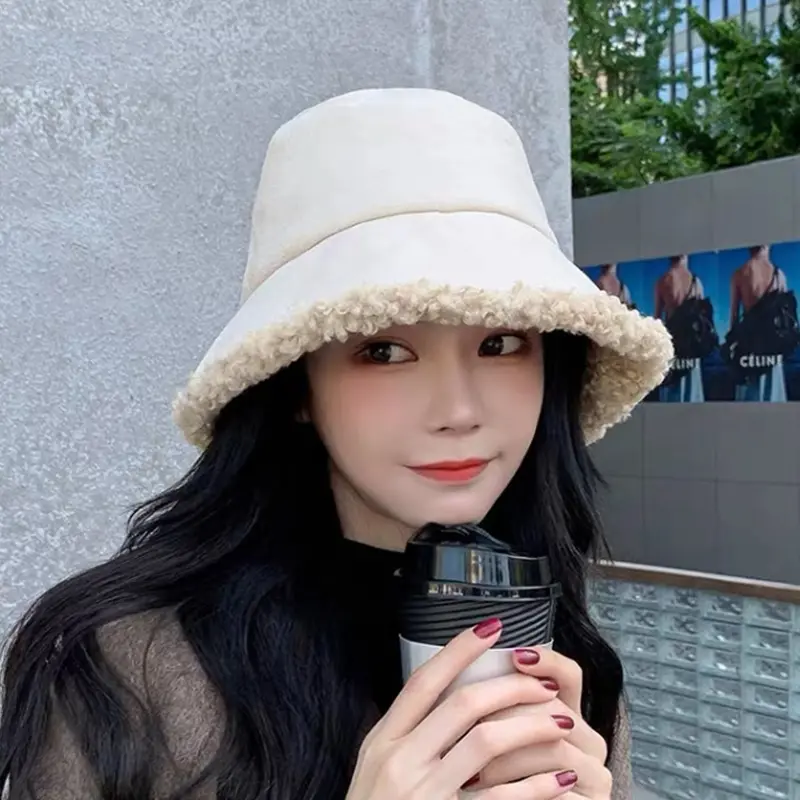 Korean Plush Bucket Hat for Women Winter Solid Color Girls Fisherman Cap Female Thicken Warm Lamb Wool Panama Caps