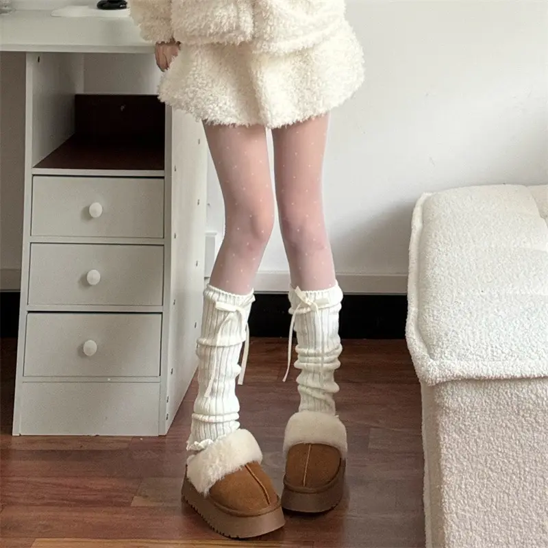 Japanese Lolita Leg Warmers for Women Harajuku Y2K Bow Knitted Socks Girls Kawaii Sweet JK Boots Cover Stockings