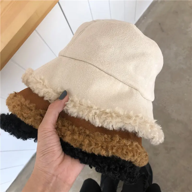 Korean Plush Bucket Hat for Women Winter Solid Color Girls Fisherman Cap Female Thicken Warm Lamb Wool Panama Caps