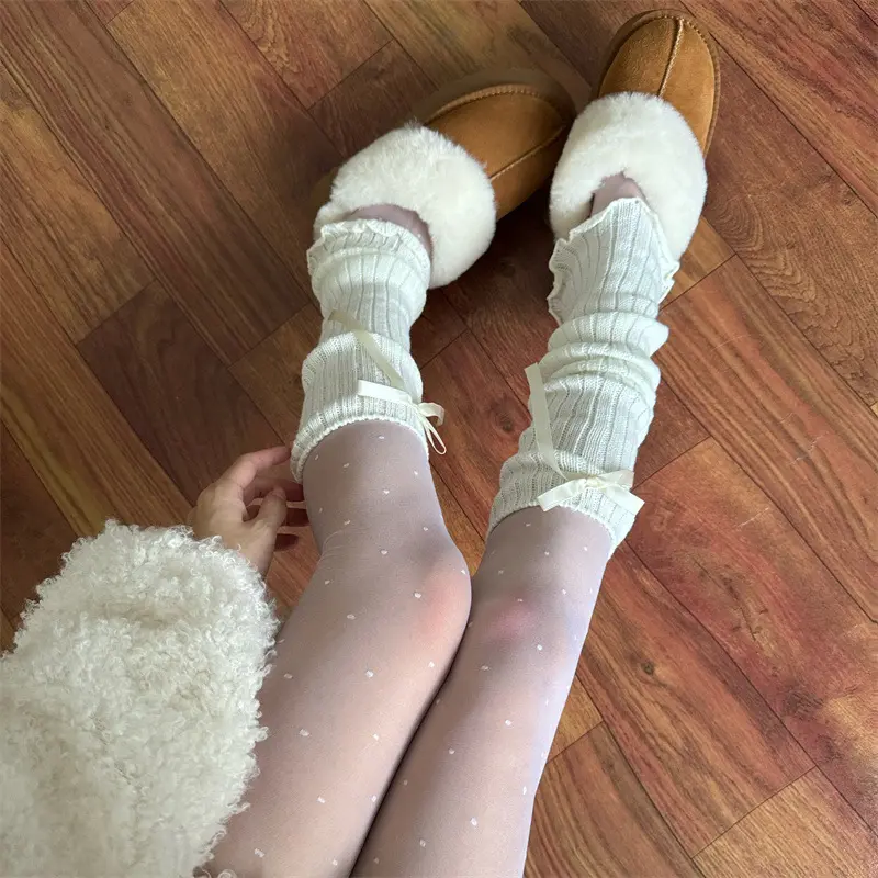 Japanese Lolita Leg Warmers for Women Harajuku Y2K Bow Knitted Socks Girls Kawaii Sweet JK Boots Cover Stockings
