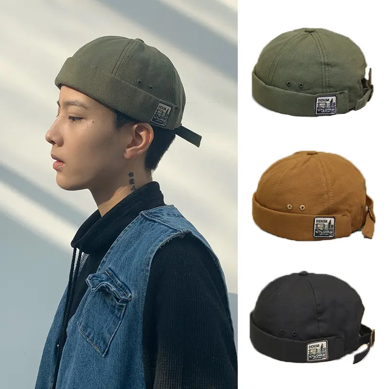 Retro Brimless Hat for Men Women Hip Hop Letter Label Beanies Summer Adjustable Cotton Docker Cap Unisex Street Melon Caps