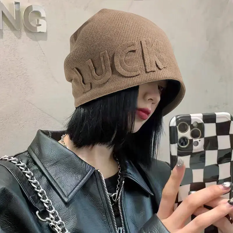 Winter Beanies Hats for Women Girls Warm Y2K Solid Luck Baggy Knitted Skullies Cap Solid Color Letter Pullover Caps