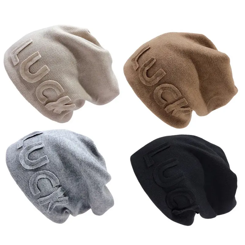 Winter Beanies Hats for Women Girls Warm Y2K Solid Luck Baggy Knitted Skullies Cap Solid Color Letter Pullover Caps