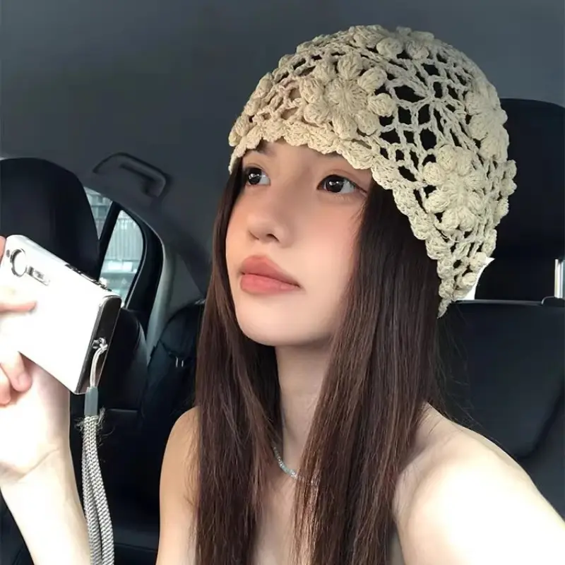 Handmade Crochet Hollow Knitted Hat for Women Spring Summer Retro Casual Turban Cap Fashion Flowers Breathable Skullies Hats