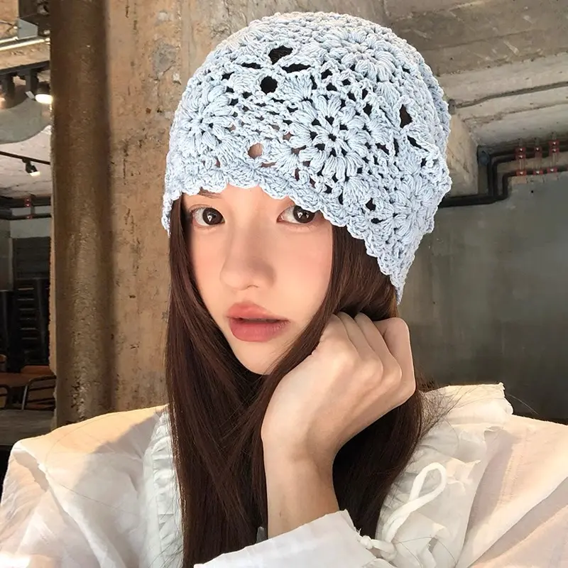 Handmade Crochet Hollow Knitted Hat for Women Spring Summer Retro Casual Turban Cap Fashion Flowers Breathable Skullies Hats