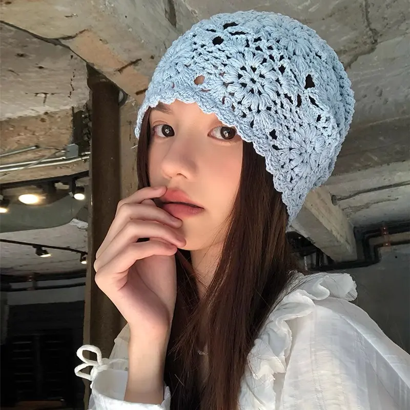 Handmade Crochet Hollow Knitted Hat for Women Spring Summer Retro Casual Turban Cap Fashion Flowers Breathable Skullies Hats
