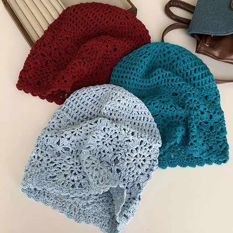 Handmade Crochet Hollow Knitted Hat for Women Spring Summer Retro Casual Turban Cap Fashion Flowers Breathable Skullies Hats