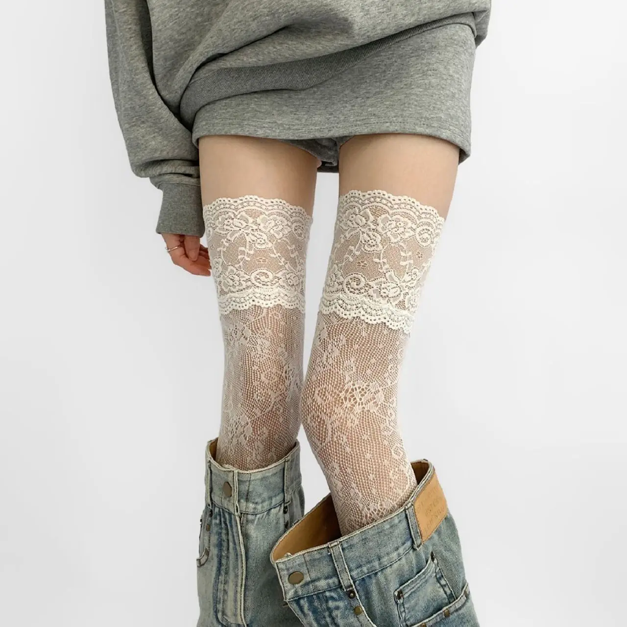 Floral Embroidered Lace Stockings for Women Hollow Out Mesh Tights Sexy Lolita Thigh High Socks Y2K Fishnet Pantyhose