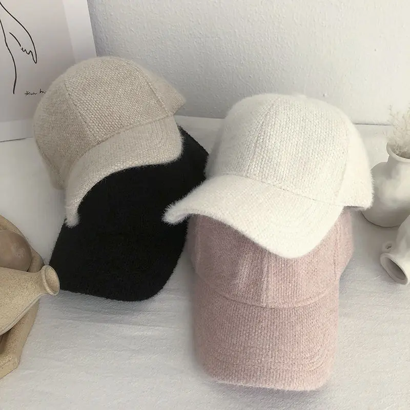 Winter Plush Baseball Cap Women Soft Simulated Rabbit Hair Peaked Cap Female Lady Solid Color Warm Sun Visor Hats