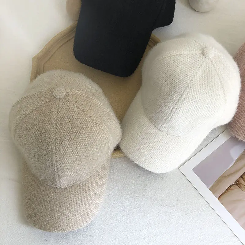 Winter Plush Baseball Cap Women Soft Simulated Rabbit Hair Peaked Cap Female Lady Solid Color Warm Sun Visor Hats