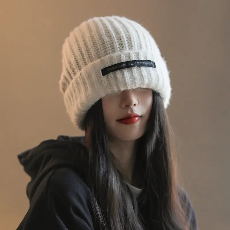 Letter Label Beanie Cap for Women Solid Color Woolen Crochet Hat Autumn Winter Thicken Warm Knitted Slouchy Baggy Hats