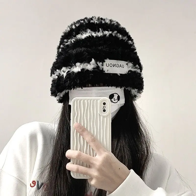 Winter Fluffy Fur Beanies Hat for Women Fashion Striped Skullies Cap Lady Thicken Warm Plush Knitted Skullcap