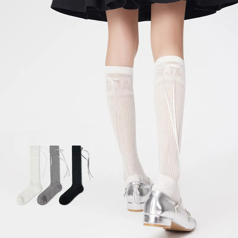 Y2K Bow Socks for Women Summer Breathable Mesh Girls Knee High Sock Japanese Solid Color Sweet Girls Lolita Stockings