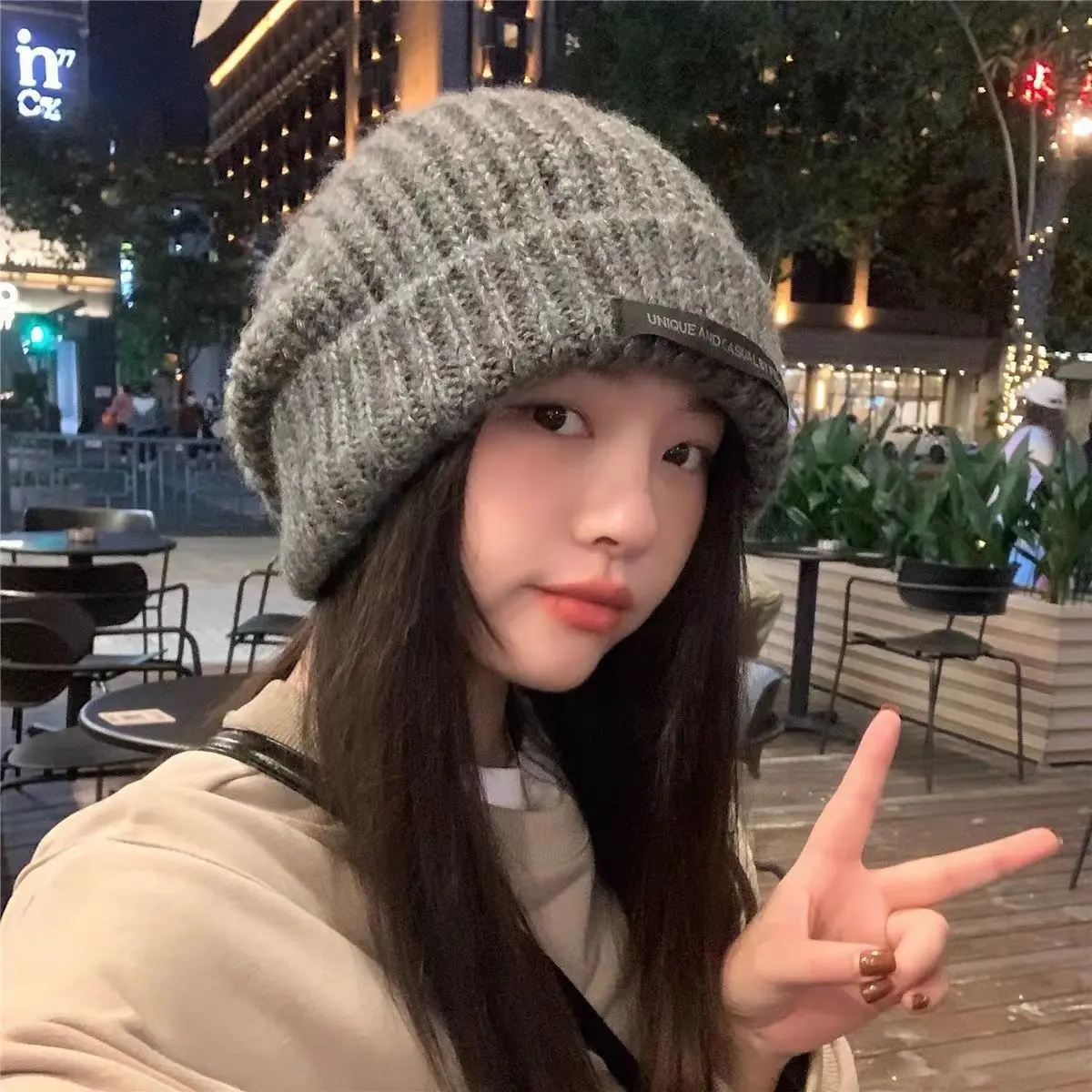 Letter Label Beanie Cap for Women Solid Color Woolen Crochet Hat Autumn Winter Thicken Warm Knitted Slouchy Baggy Hats