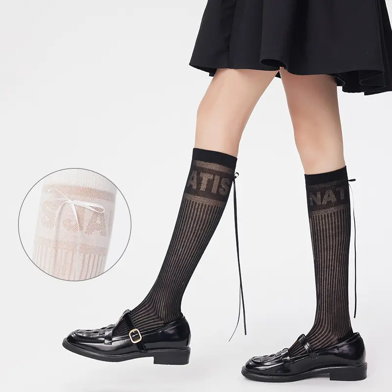 Y2K Bow Socks for Women Summer Breathable Mesh Girls Knee High Sock Japanese Solid Color Sweet Girls Lolita Stockings