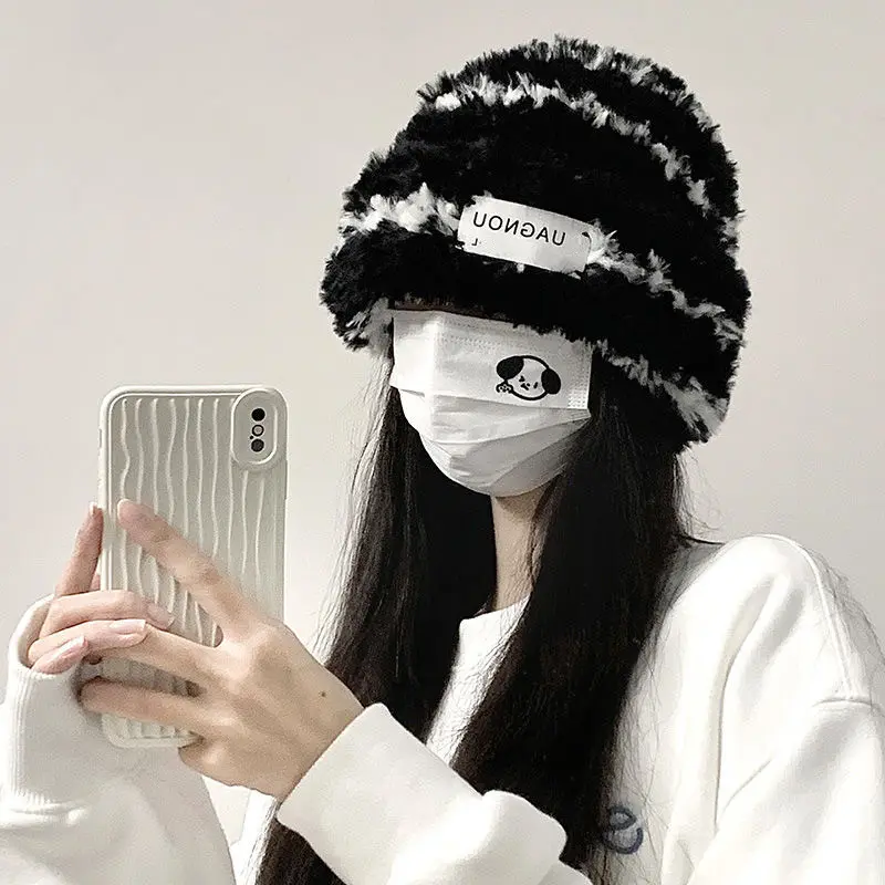 Winter Fluffy Fur Beanies Hat for Women Fashion Striped Skullies Cap Lady Thicken Warm Plush Knitted Skullcap