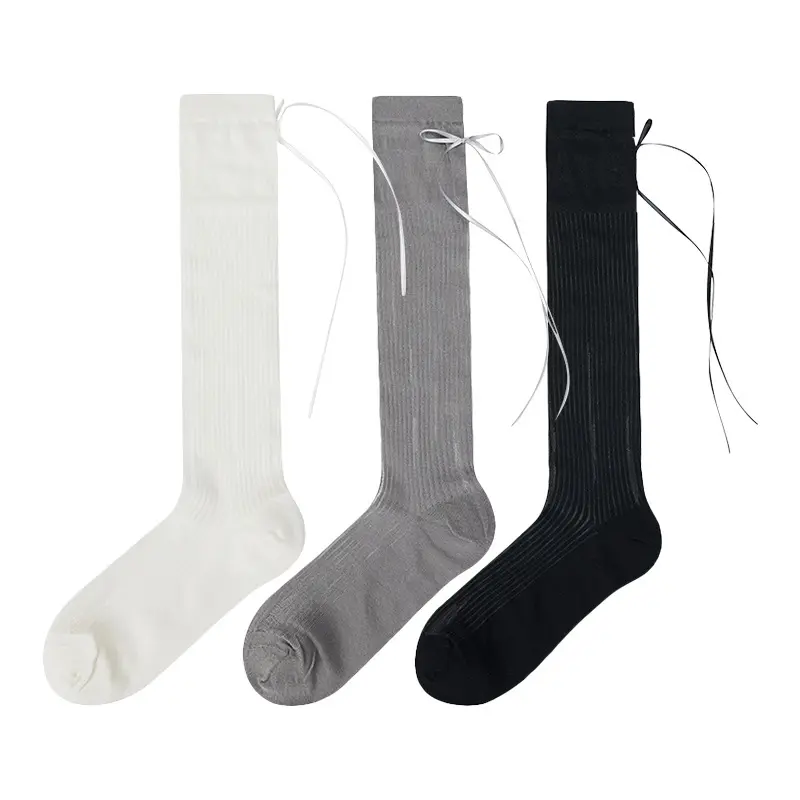 Y2K Bow Socks for Women Summer Breathable Mesh Girls Knee High Sock Japanese Solid Color Sweet Girls Lolita Stockings