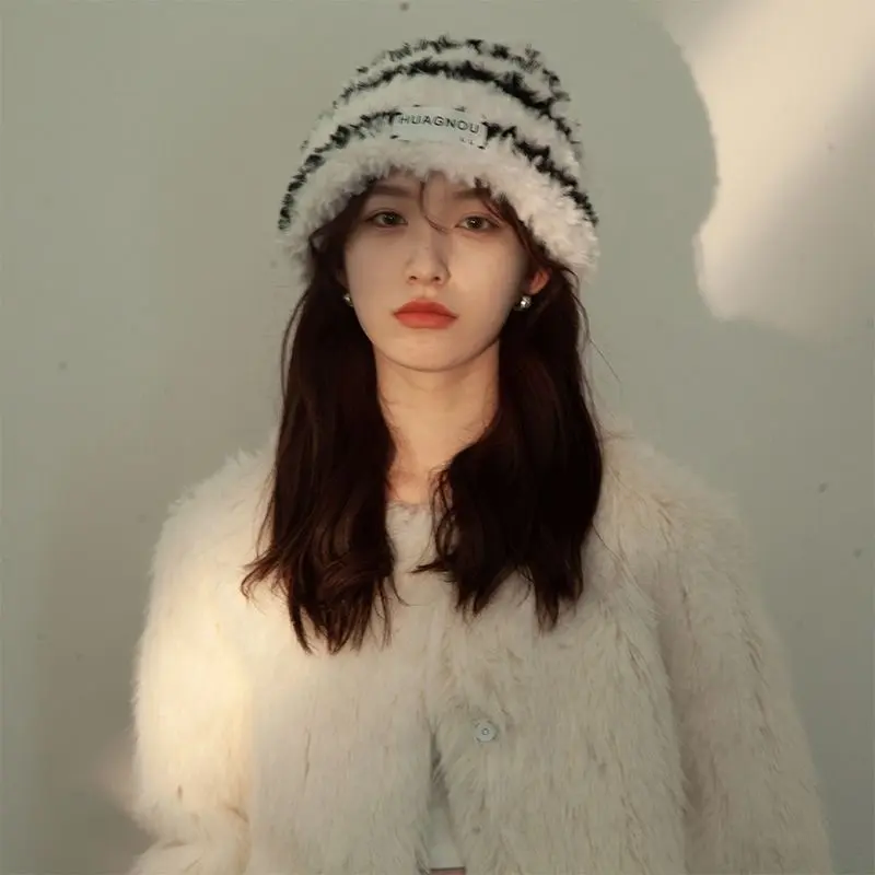 Winter Fluffy Fur Beanies Hat for Women Fashion Striped Skullies Cap Lady Thicken Warm Plush Knitted Skullcap