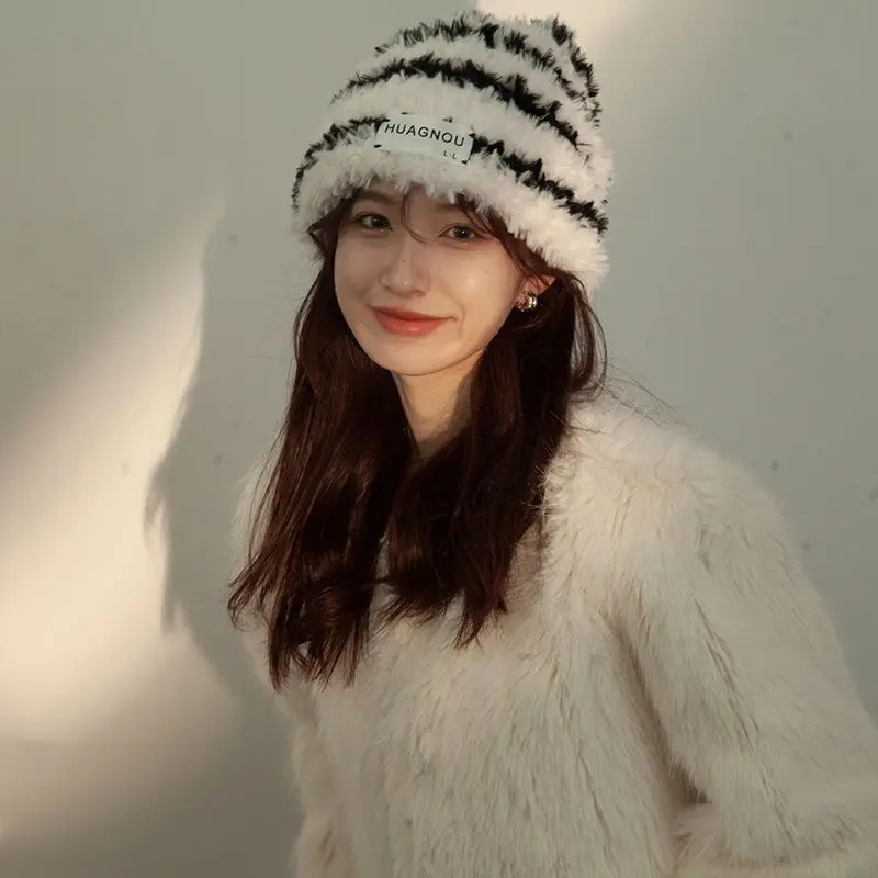 Winter Fluffy Fur Beanies Hat for Women Fashion Striped Skullies Cap Lady Thicken Warm Plush Knitted Skullcap