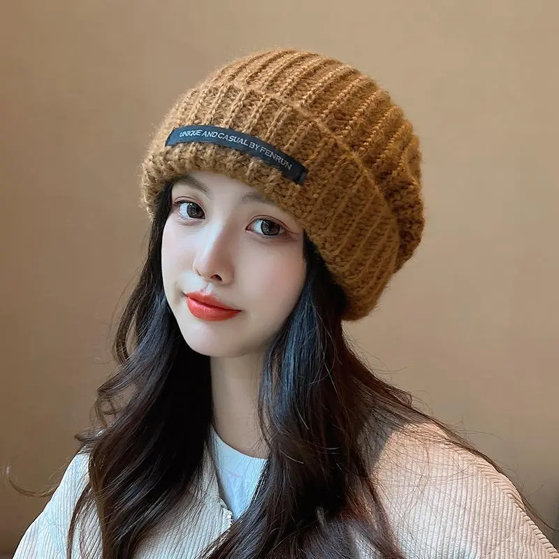 Letter Label Beanie Cap for Women Solid Color Woolen Crochet Hat Autumn Winter Thicken Warm Knitted Slouchy Baggy Hats
