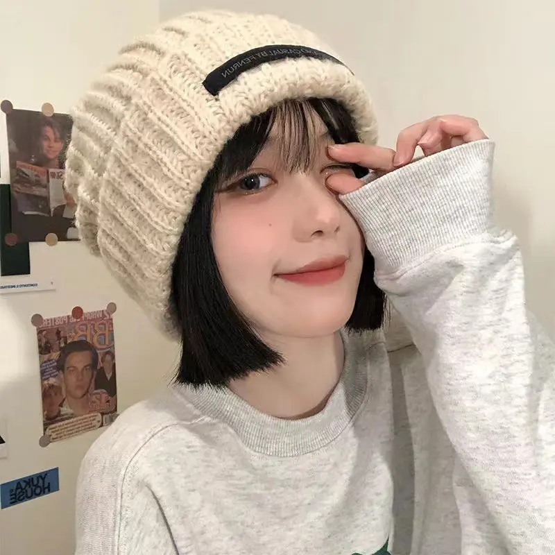 Letter Label Beanie Cap for Women Solid Color Woolen Crochet Hat Autumn Winter Thicken Warm Knitted Slouchy Baggy Hats