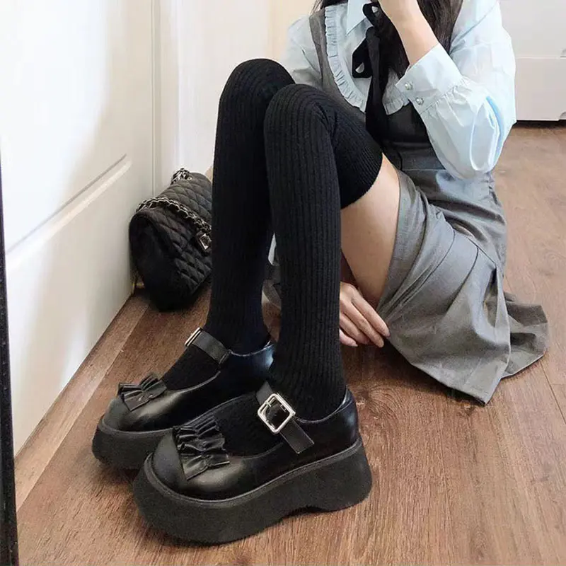 Solid Color Knit Striped Stockings for Women Spring Autumn Thigh High Socks Japanese Simple Girls Over Knee High Socks Sox