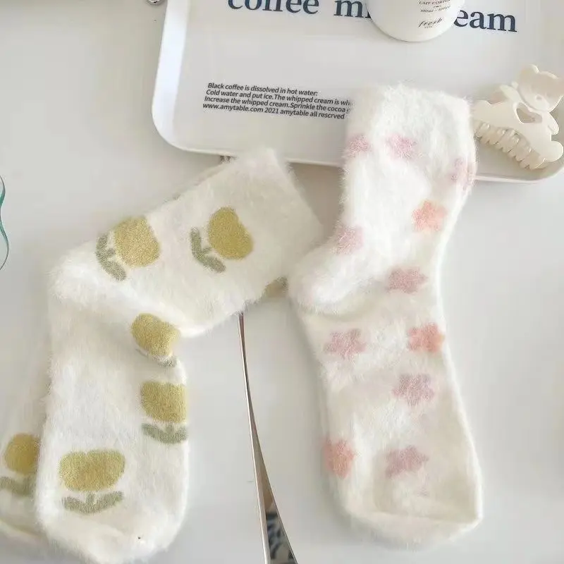 Winter Plush Girls Socks Korean Flower Print Mink Fur Floor Sock Women Cute Thicken Warm Sleeping Home Socks
