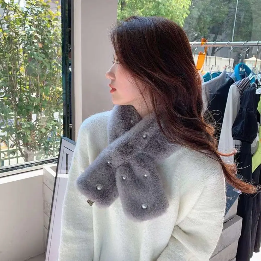 Winter Cross Scarf for Women Warm Thick Faux Rabbit Fur Neck Collar Solid Color Pearl Plush Neckerchief