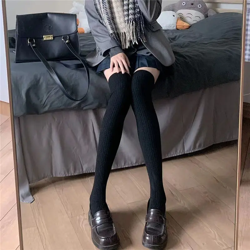 Solid Color Knit Striped Stockings for Women Spring Autumn Thigh High Socks Japanese Simple Girls Over Knee High Socks Sox